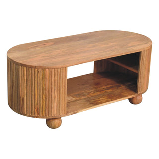 Luna Oval Coffee Table Solid Mango Wood Fluted Sides Open Shelf