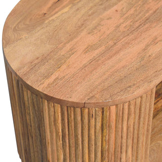 Luna Oval Coffee Table Solid Mango Wood Fluted Sides Open Shelf