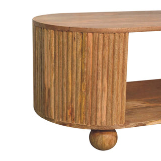 Luna Oval Coffee Table Solid Mango Wood Fluted Sides Open Shelf