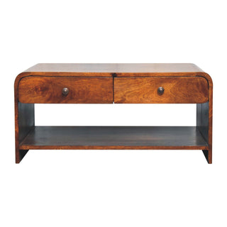Alto Coffee Table with Drawers Solid Mango Wood Lower Shelf Curved Base Chestnut