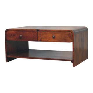 Alto Coffee Table with Drawers Solid Mango Wood Lower Shelf Curved Base Chestnut