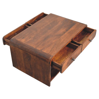 Alto Coffee Table with Drawers Solid Mango Wood Lower Shelf Curved Base Chestnut