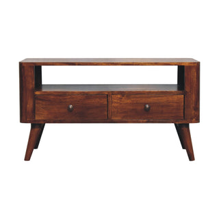Mila Media Unit Chestnut Finish Twin Brass Knob Drawers Open Shelf