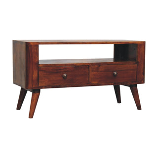 Mila Media Unit Chestnut Finish Twin Brass Knob Drawers Open Shelf