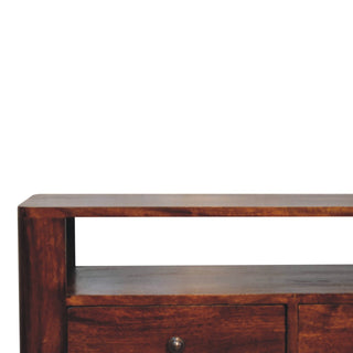 Mila Media Unit Chestnut Finish Twin Brass Knob Drawers Open Shelf