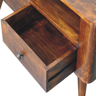 Mila Media Unit Chestnut Finish Twin Brass Knob Drawers Open Shelf