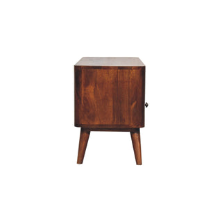 Mila Media Unit Chestnut Finish Twin Brass Knob Drawers Open Shelf