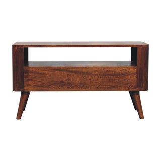 Mila Media Unit Chestnut Finish Twin Brass Knob Drawers Open Shelf