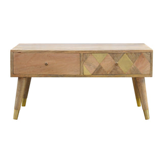 Aurum Coffee Table with Drawers Gold Diamond Inlay Mango Wood Scandi Legs