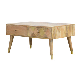 Aurum Coffee Table with Drawers Gold Diamond Inlay Mango Wood Scandi Legs
