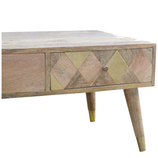 Aurum Coffee Table with Drawers Gold Diamond Inlay Mango Wood Scandi Legs