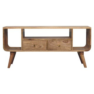 Ludo Media Unit Natural Oak Mango Wood Slatted Side Panels Open Body with Nordic Tapered Legs
