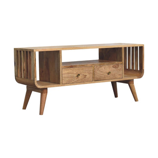Ludo Media Unit Natural Oak Mango Wood Slatted Side Panels Open Body with Nordic Tapered Legs