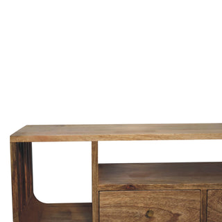 Ludo Media Unit Natural Oak Mango Wood Slatted Side Panels Open Body with Nordic Tapered Legs