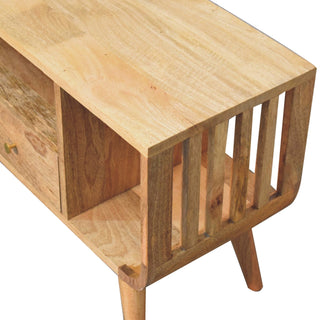 Ludo Media Unit Natural Oak Mango Wood Slatted Side Panels Open Body with Nordic Tapered Legs