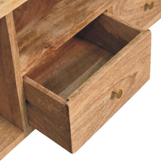 Ludo Media Unit Natural Oak Mango Wood Slatted Side Panels Open Body with Nordic Tapered Legs