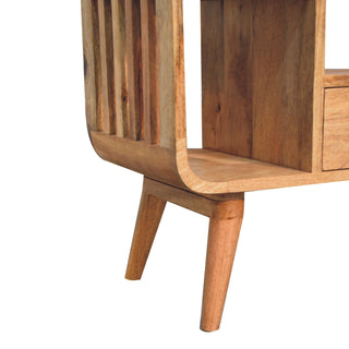Ludo Media Unit Natural Oak Mango Wood Slatted Side Panels Open Body with Nordic Tapered Legs