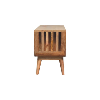 Ludo Media Unit Natural Oak Mango Wood Slatted Side Panels Open Body with Nordic Tapered Legs