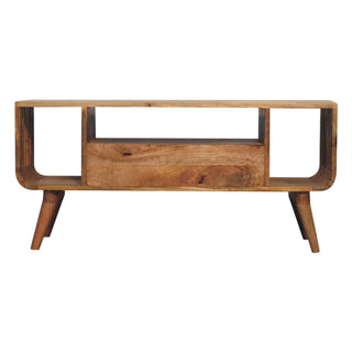 Ludo Media Unit Natural Oak Mango Wood Slatted Side Panels Open Body with Nordic Tapered Legs