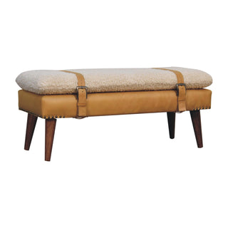 Luma Bedroom Bench Cream Bouclé & Tan Leather Belted Strap Dark Tapered Legs