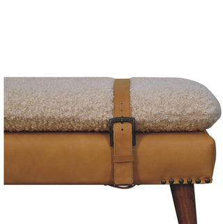 Luma Bedroom Bench Cream Bouclé & Tan Leather Belted Strap Dark Tapered Legs