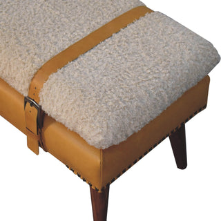 Luma Bedroom Bench Cream Bouclé & Tan Leather Belted Strap Dark Tapered Legs