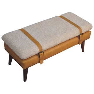 Luma Bedroom Bench Cream Bouclé & Tan Leather Belted Strap Dark Tapered Legs