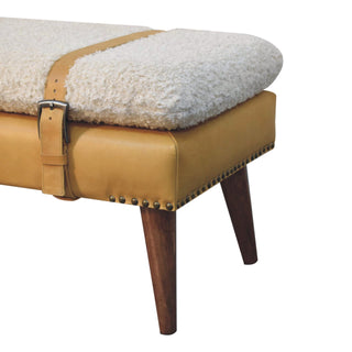 Luma Bedroom Bench Cream Bouclé & Tan Leather Belted Strap Dark Tapered Legs
