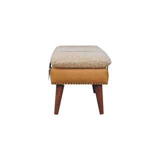 Luma Bedroom Bench Cream Bouclé & Tan Leather Belted Strap Dark Tapered Legs