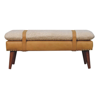 Luma Bedroom Bench Cream Bouclé & Tan Leather Belted Strap Dark Tapered Legs
