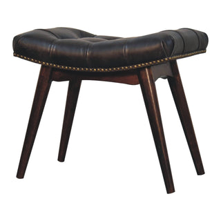 Cali Upholstered Bench Black Buffalo Leather Button Tufted Curved Saddle Brass Studs California Walnut