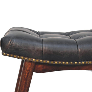 Cali Upholstered Bench Black Buffalo Leather Button Tufted Curved Saddle Brass Studs California Walnut