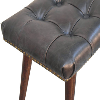 Cali Upholstered Bench Black Buffalo Leather Button Tufted Curved Saddle Brass Studs California Walnut