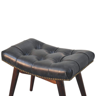 Cali Upholstered Bench Black Buffalo Leather Button Tufted Curved Saddle Brass Studs California Walnut