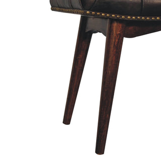 Cali Upholstered Bench Black Buffalo Leather Button Tufted Curved Saddle Brass Studs California Walnut
