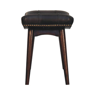 Cali Upholstered Bench Black Buffalo Leather Button Tufted Curved Saddle Brass Studs California Walnut