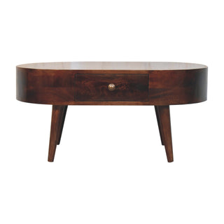 Mara Oval Coffee Table Solid Mango Wood Brass Knob Drawer California Walnut