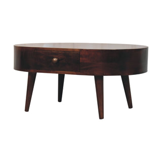 Mara Oval Coffee Table Solid Mango Wood Brass Knob Drawer California Walnut