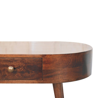 Mara Oval Coffee Table Solid Mango Wood Brass Knob Drawer California Walnut