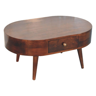 Mara Oval Coffee Table Solid Mango Wood Brass Knob Drawer California Walnut
