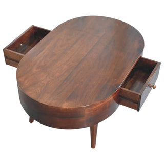 Mara Oval Coffee Table Solid Mango Wood Brass Knob Drawer California Walnut