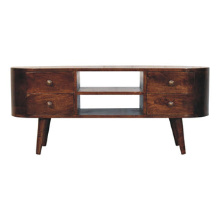Cali Media Unit California Walnut Mango Wood Rounded Asymmetric Body Four Drawers with Nordic Legs