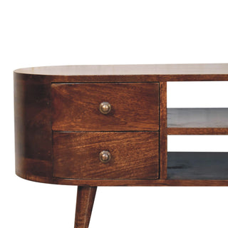 Cali Media Unit California Walnut Mango Wood Rounded Asymmetric Body Four Drawers with Nordic Legs