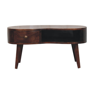 Wave Coffee Table Solid Mango Wood Kidney Shaped Drawer Open Slot Walnut