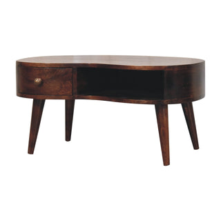 Wave Coffee Table Solid Mango Wood Kidney Shaped Drawer Open Slot Walnut