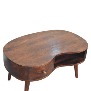 Wave Coffee Table Solid Mango Wood Kidney Shaped Drawer Open Slot Walnut