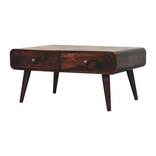 Onyx Coffee Table with Drawers Solid Mango Wood Rounded Edges California Walnut
