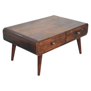 Onyx Coffee Table with Drawers Solid Mango Wood Rounded Edges California Walnut