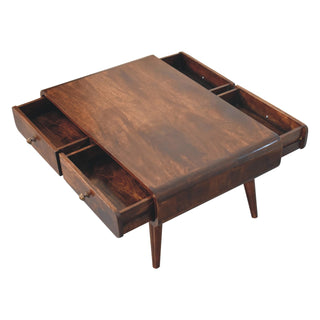 Onyx Coffee Table with Drawers Solid Mango Wood Rounded Edges California Walnut
