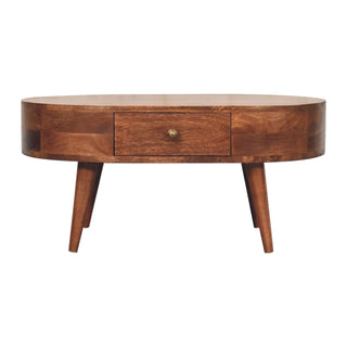 Tilda Oval Coffee Table Solid Mango Wood Brass Knob Drawer Honey Caramel